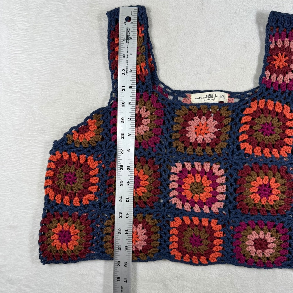Natural Life Granny Square Crochet Crop Tank Top Navy Blue Orange L/XL Boho 9547 - Picture 4 of 6